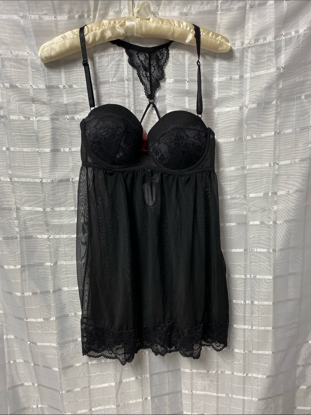 Lace-Trim Black Babydoll Chemise with Padded Cups